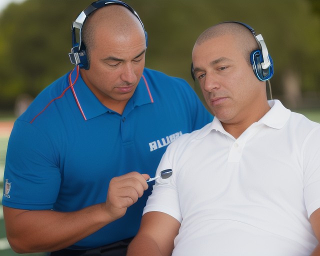 Devin Lockett performing an on-field audiology hearing screening on an athlete